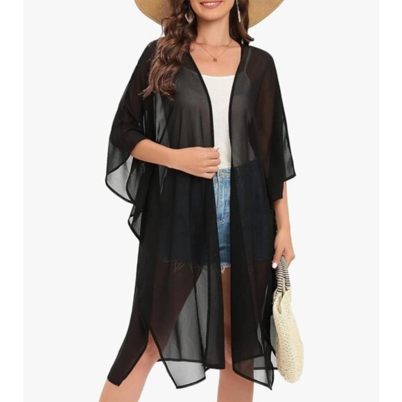 NWT Windsor Womens Sheer Chiffon Kimono Small Black Loose Relaxed Cover Up - Picture 2 of 9